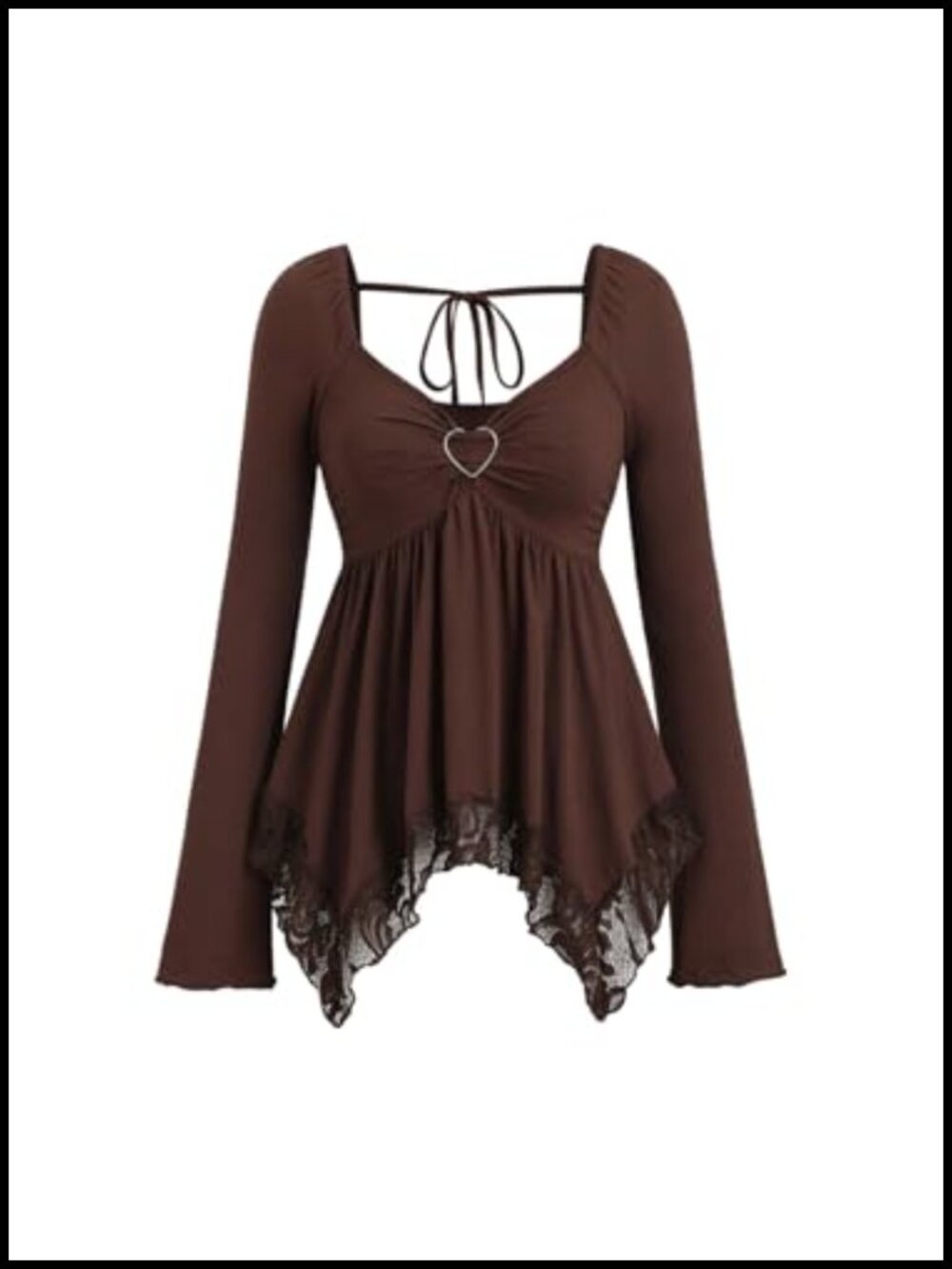 Lace Peplum Babydoll Top Long Sleeve Sweetheart Neck Tie Back Ruffle Hem